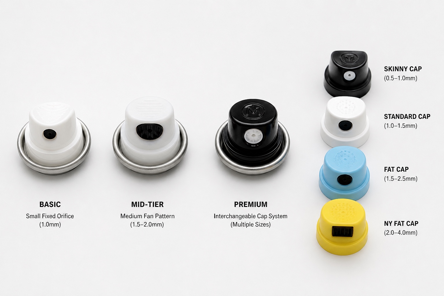 Close-up comparison of spray paint nozzles from budget and premium brands